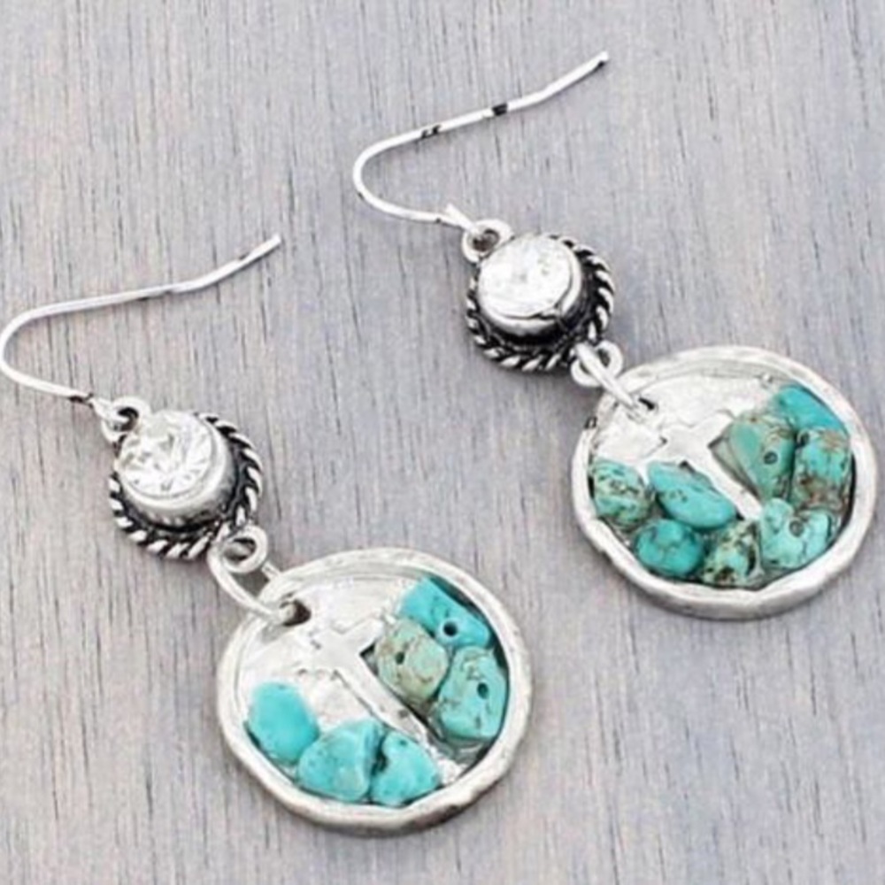 Rhinestone Turquoise Silver Chip Disc Earrings